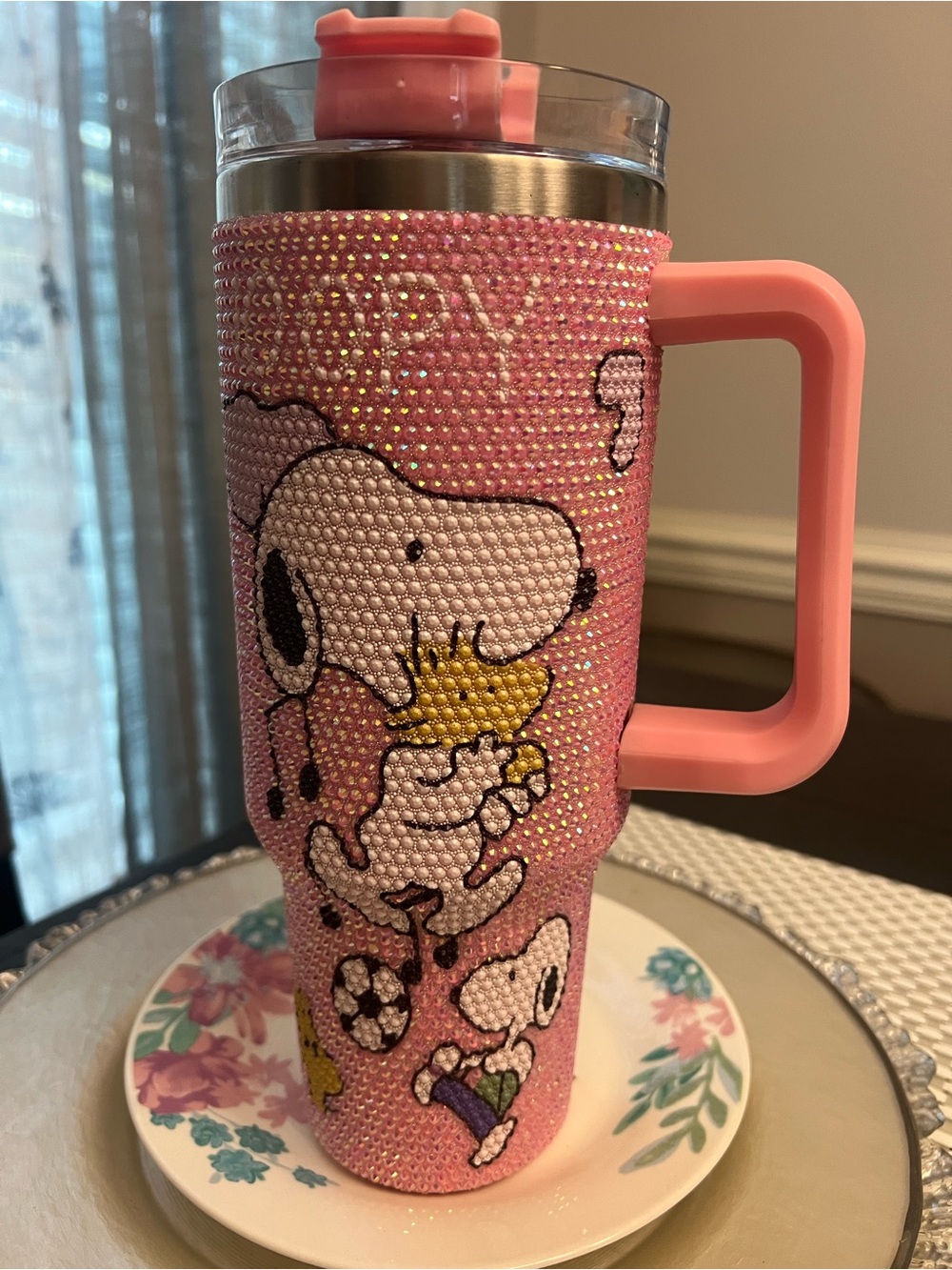 Pink Snoopy Crystal Tumbler with Handle and straw New